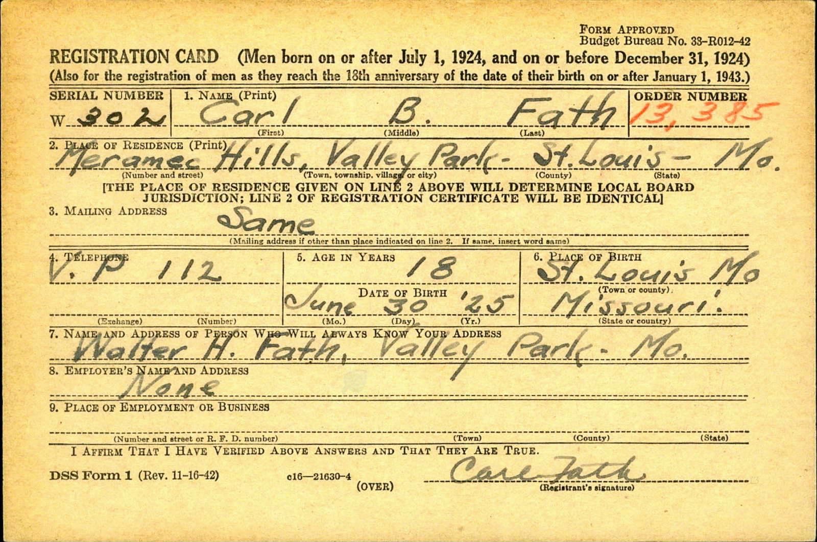 Carl B Fath Draft Registration Card