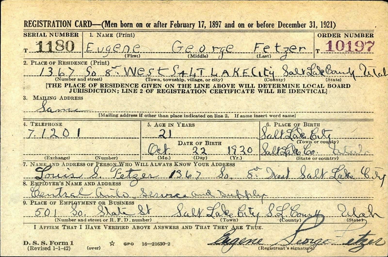 Eugene George Fetzer Draft Registration Card