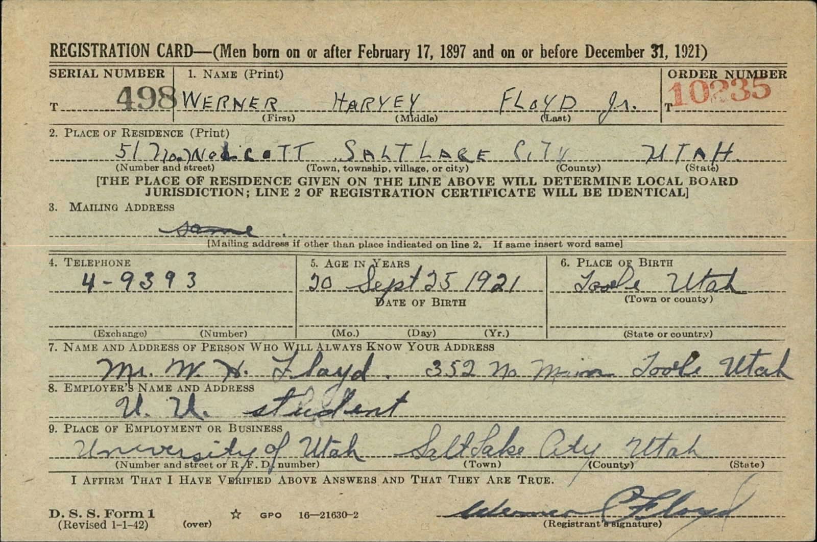 Werner Harvey Floyd Draft Registration Card