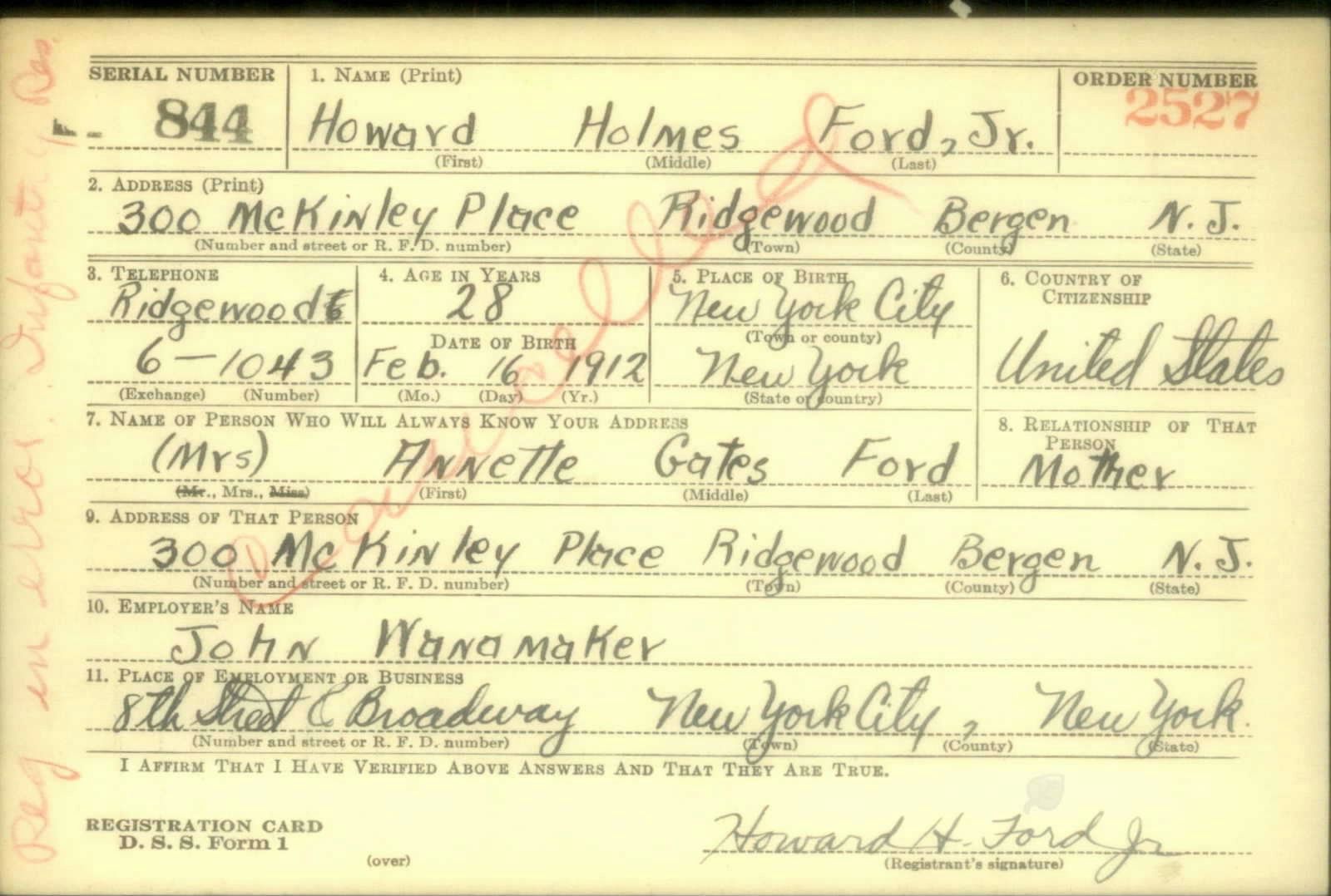 Howard Holmes Ford Draft Registration Card