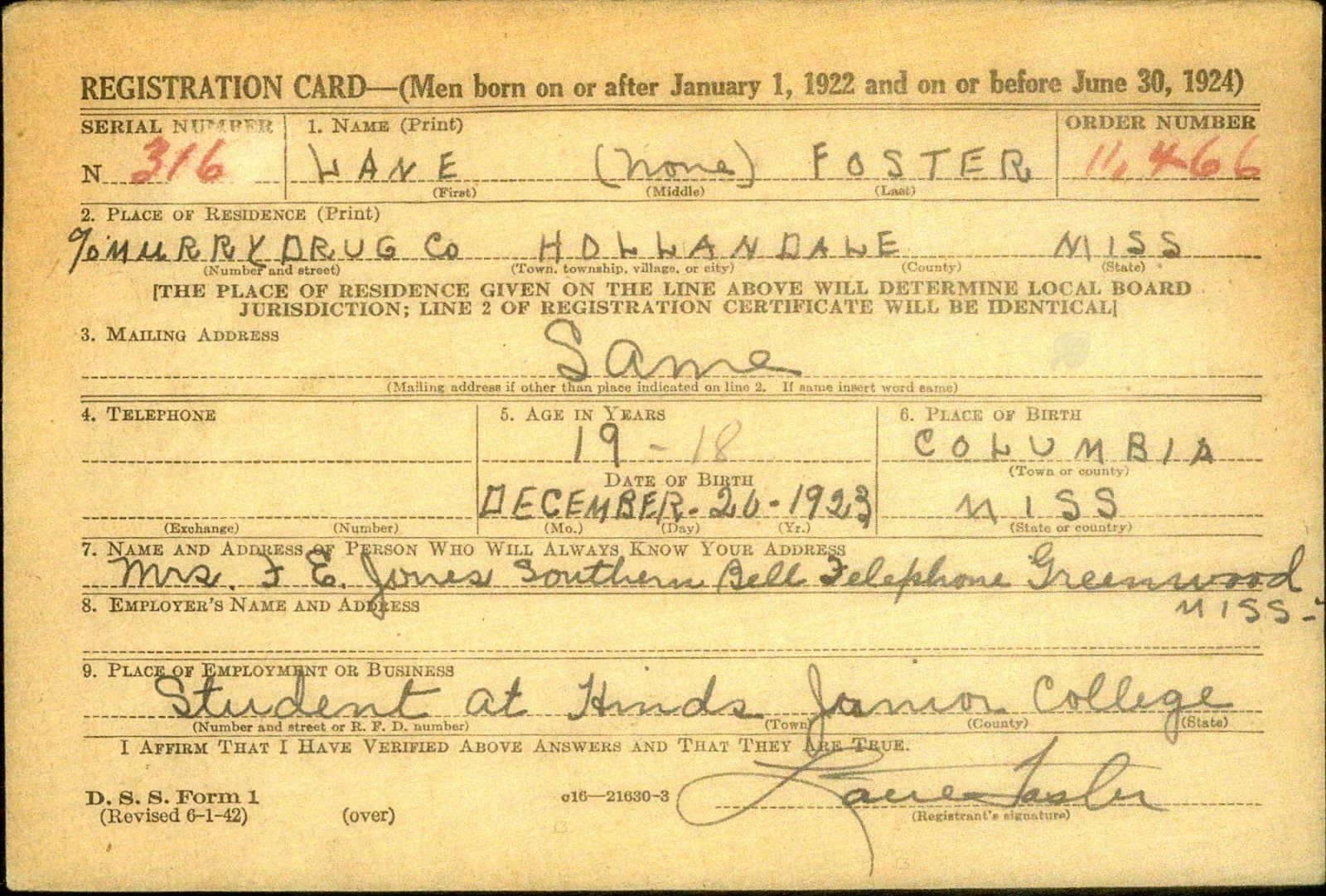 Lane Foster Draft Registration Card
