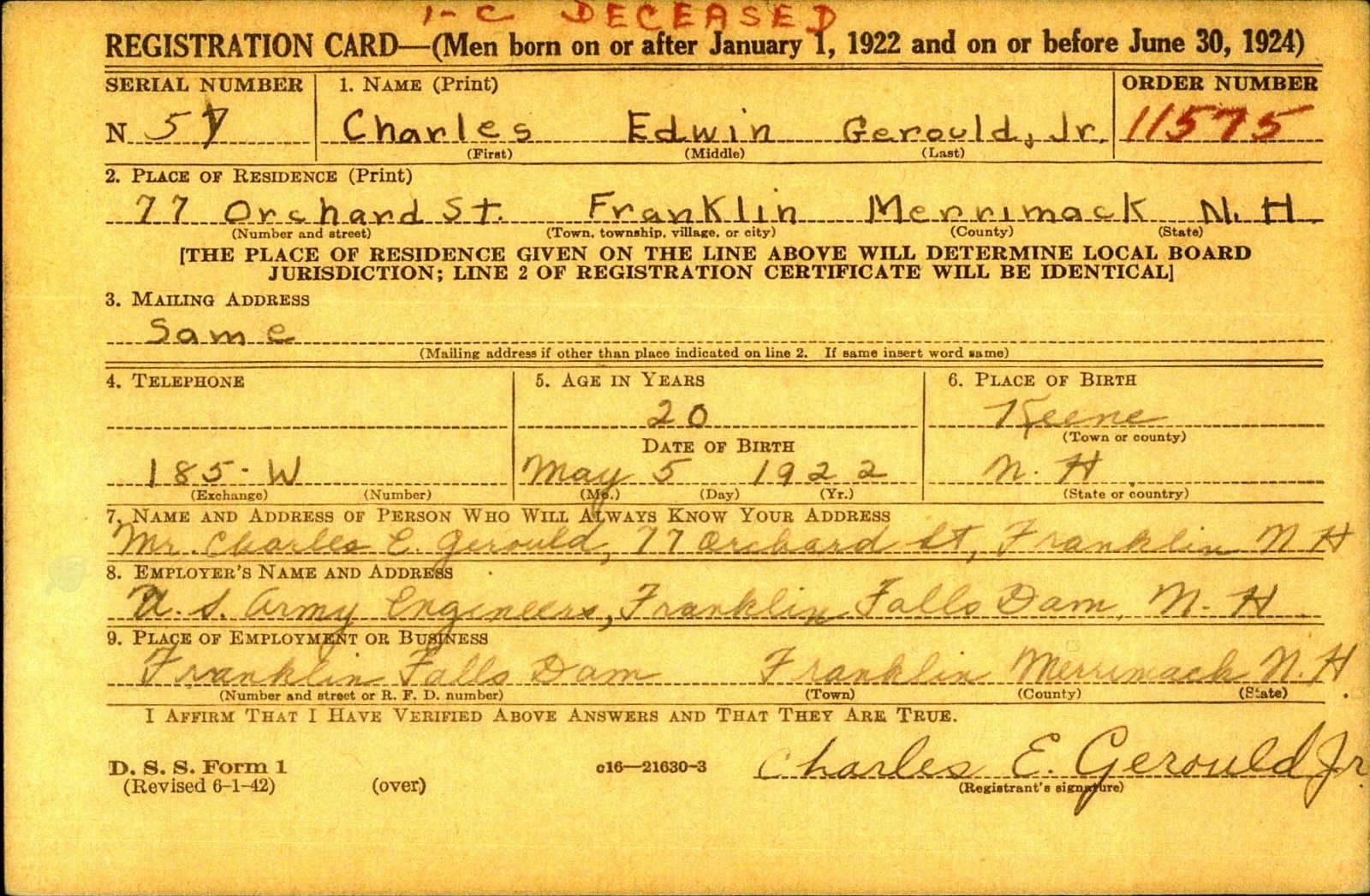 Charles Edwin Gerould Draft Registration Card