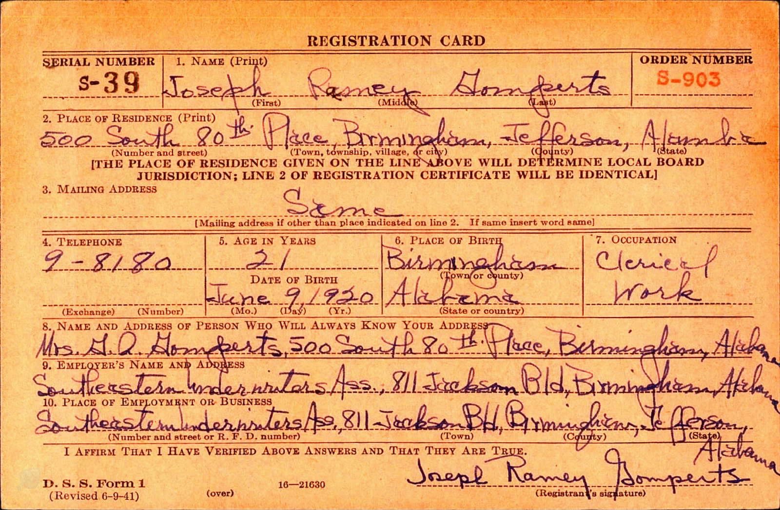 Joseph Ramey Gomperts Draft Registration Card