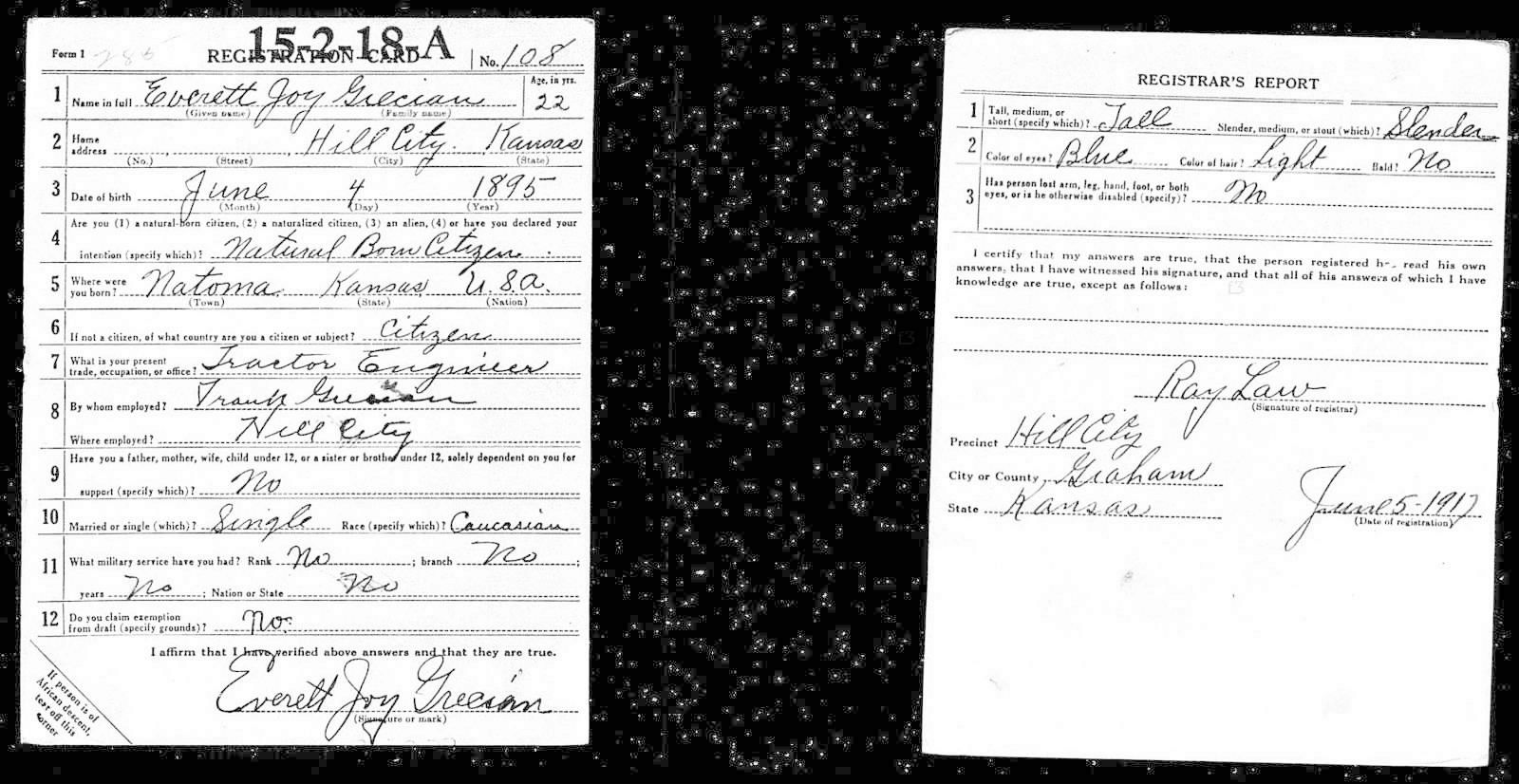 Everett Joy Grecian Draft Registration Card