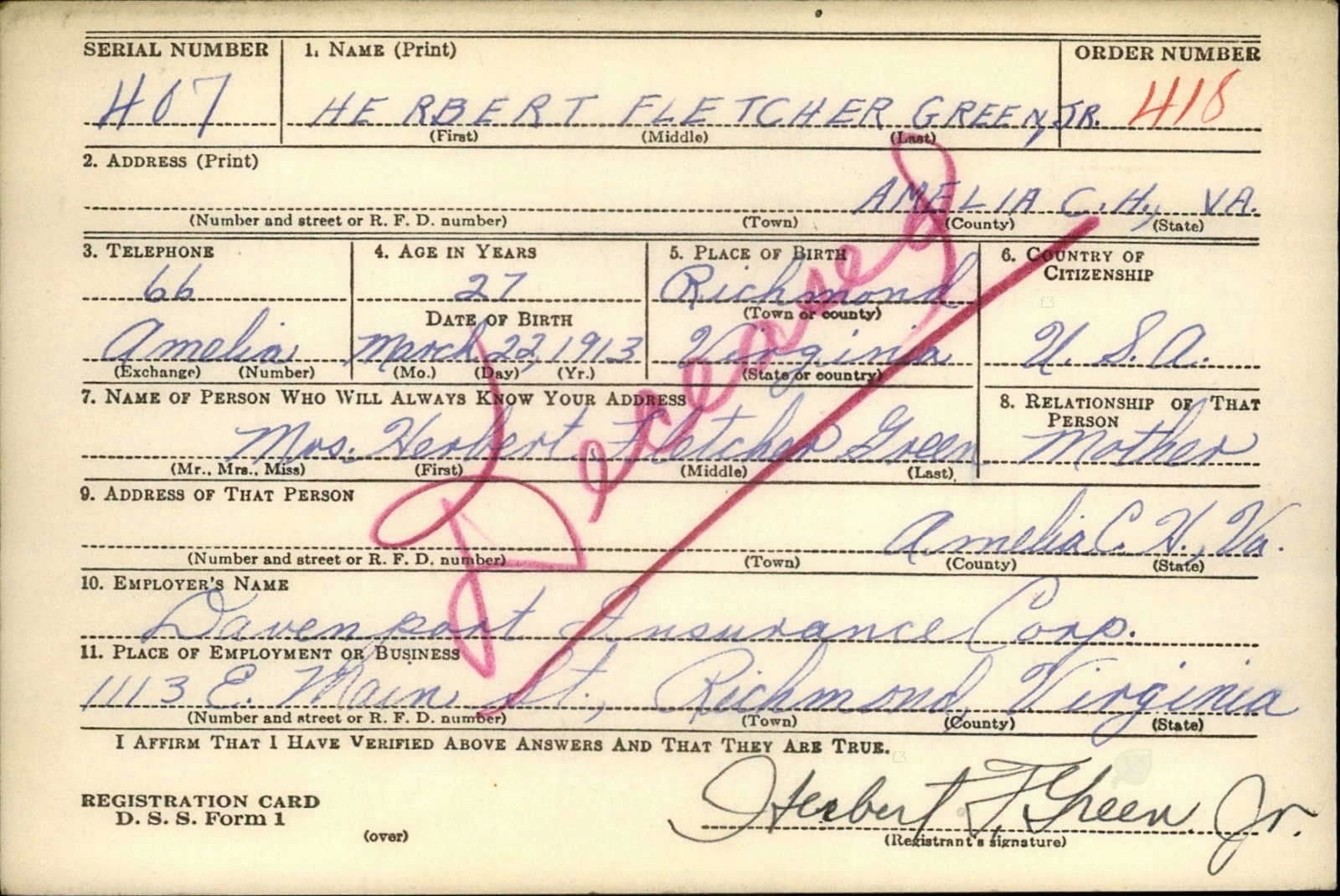 Herbert Fletcher Green Draft Registration Card