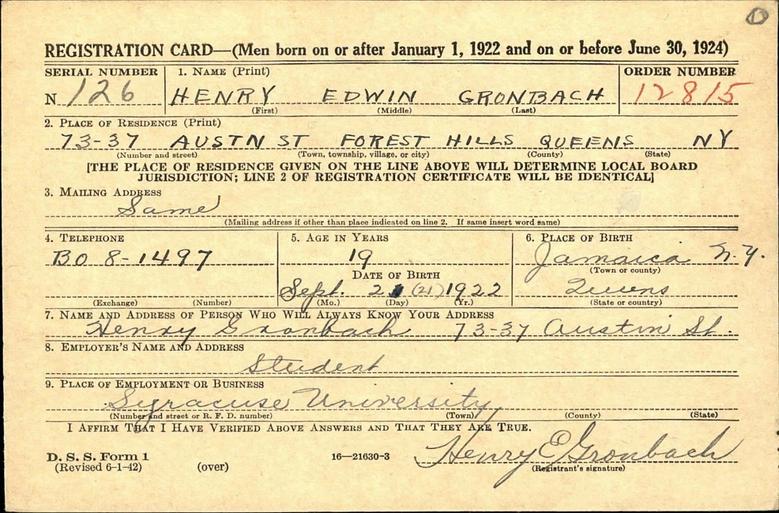 Henry Edwin Gronbach Draft Registration Card