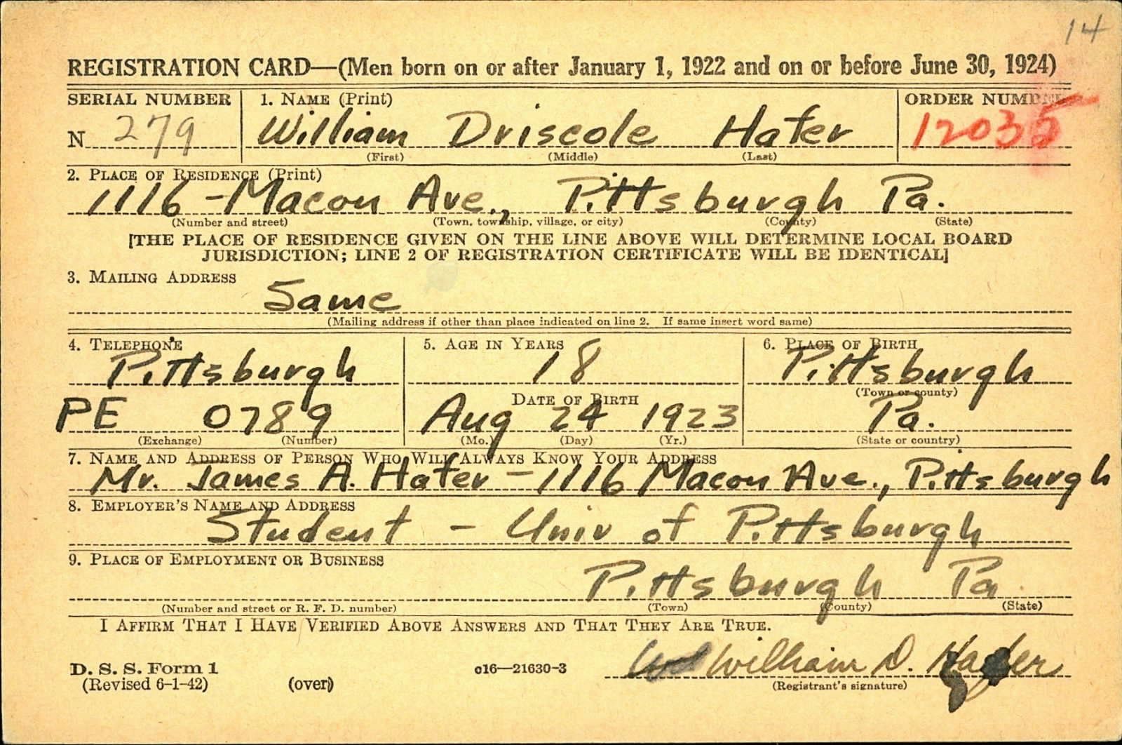 William Driscole Hafer Draft Registration Card
