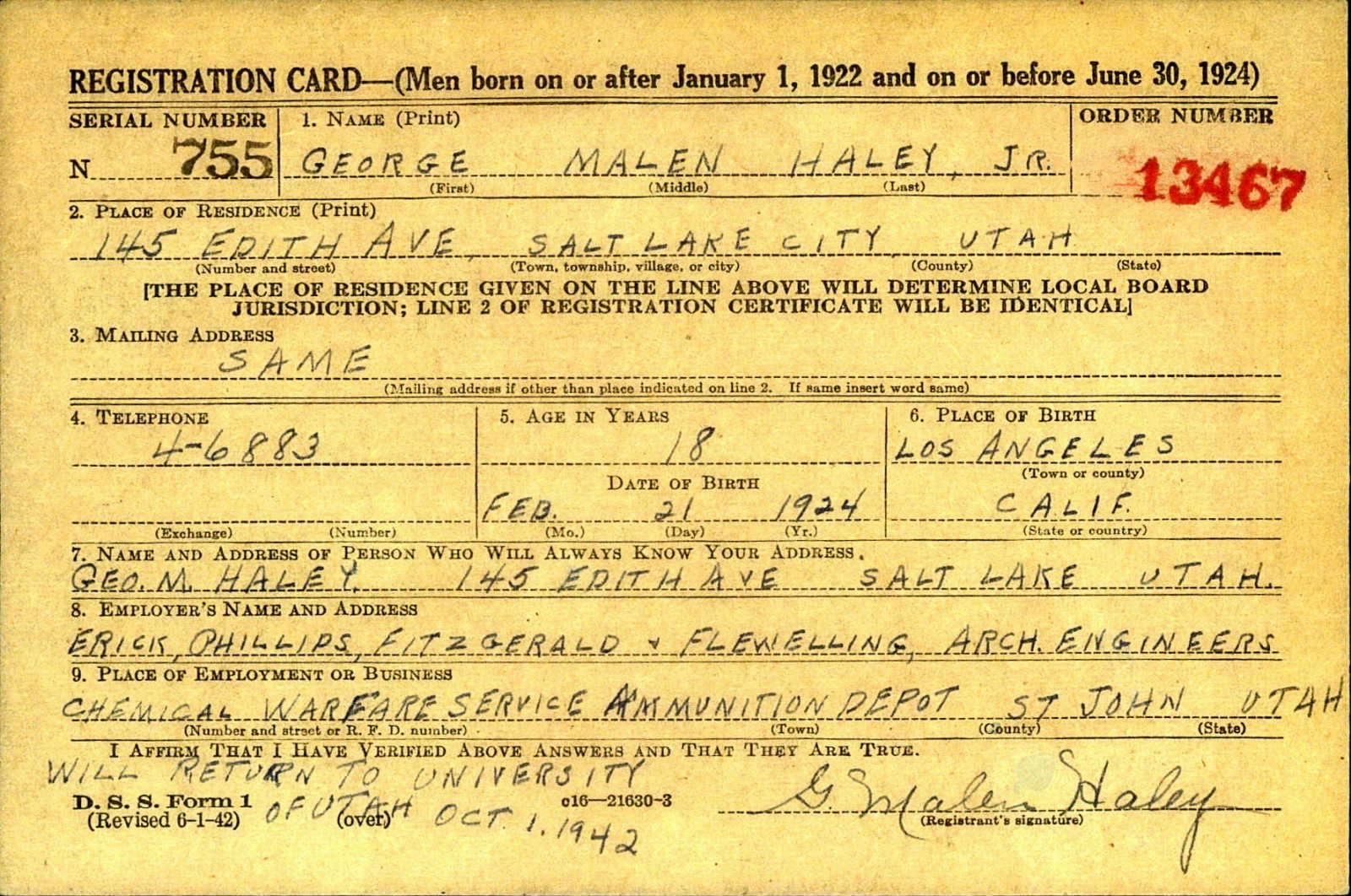 George Haley Malen Draft Registration Card