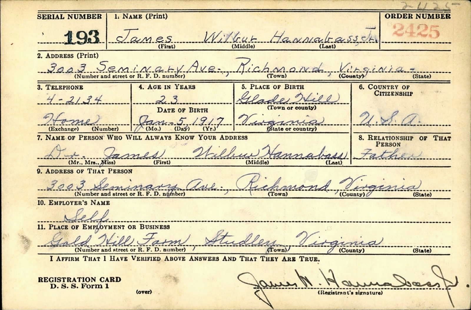 James Wilbur Hannabass, Jr. Draft Registration Card