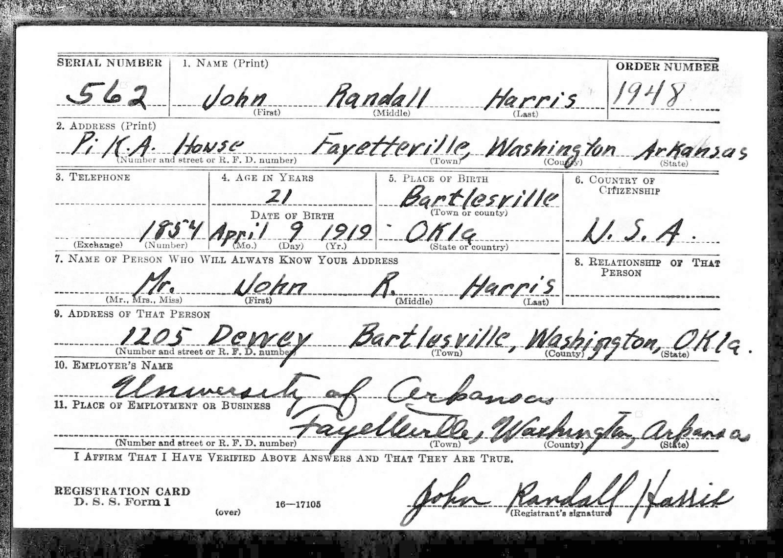 John Randall Harris Draft Registration Card