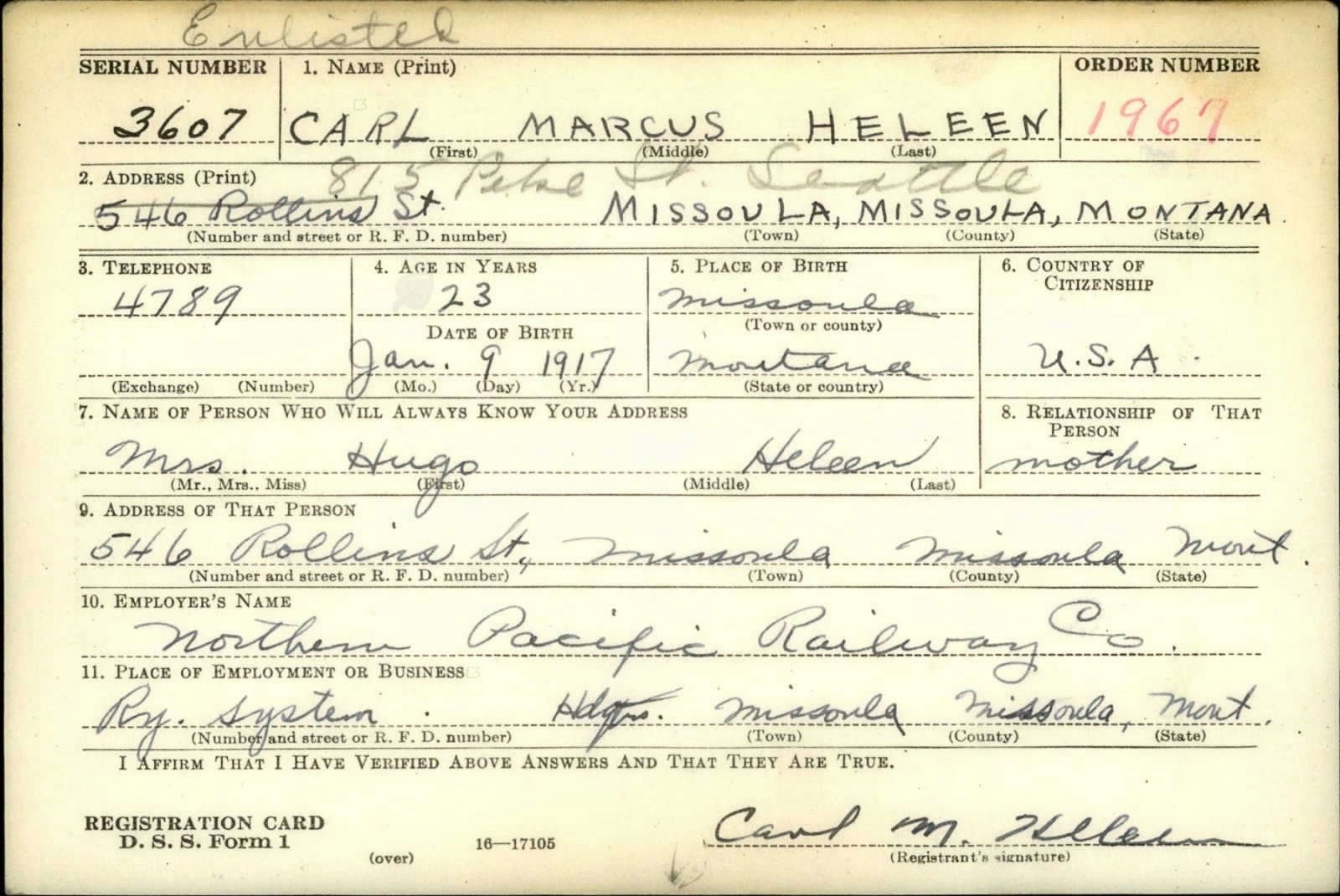 Carl Marcus Heleen Draft Registration Card
