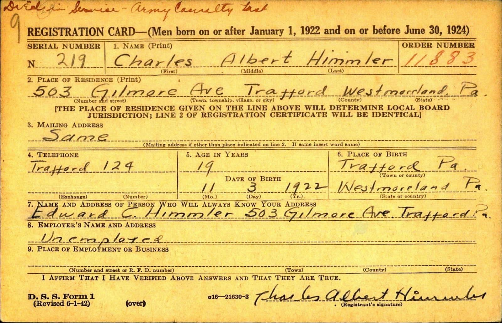 Charles Albert Himmler Draft Registration Card