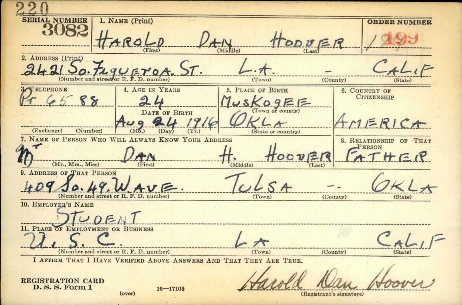 Harold Dan Hoover Draft Registration Card