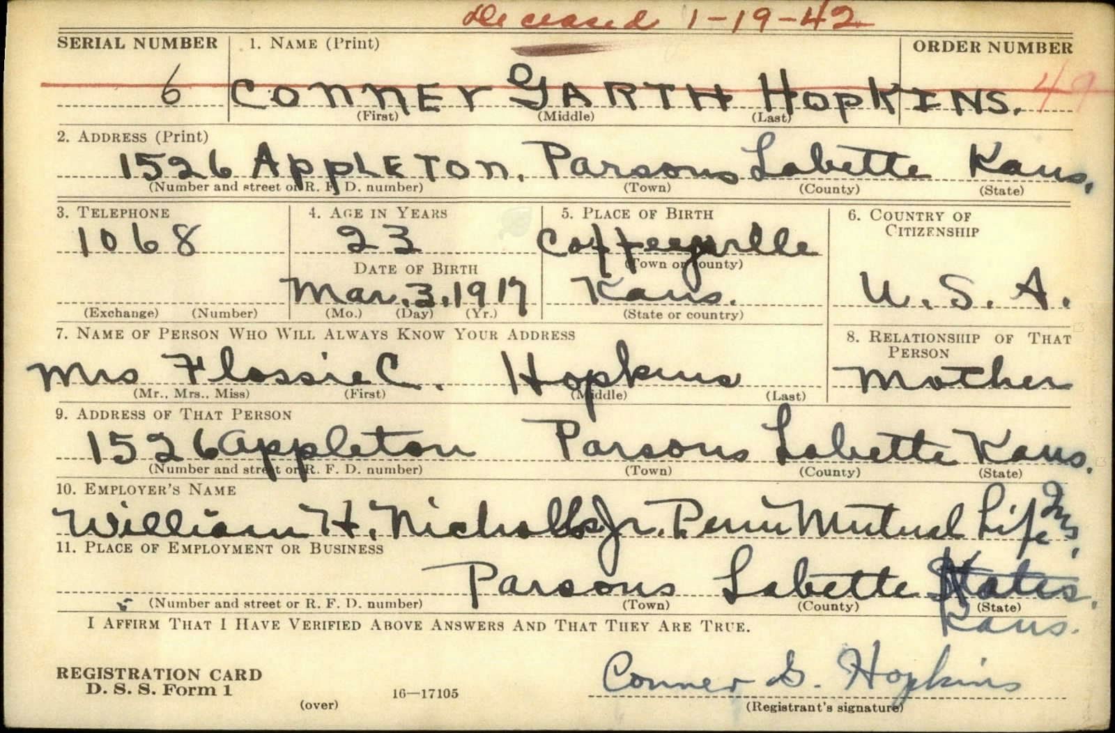 Conner Garth Hopkins Draft Registration Card