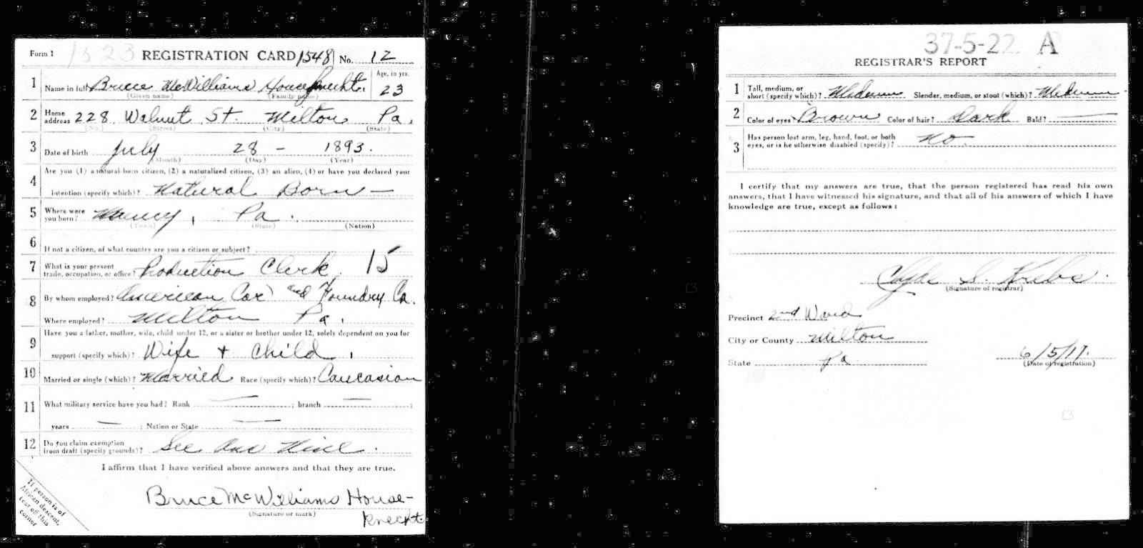 Bruce McWilliams Houseknecht Draft Registration Card