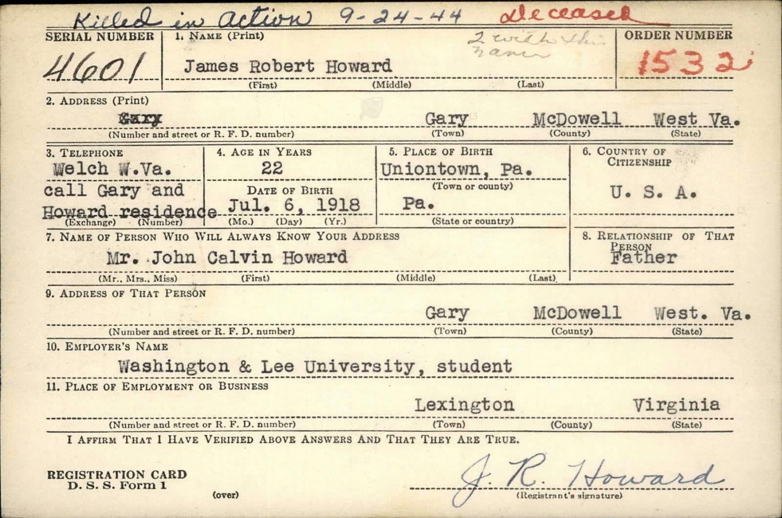 James Robert Howard Draft Registration Card