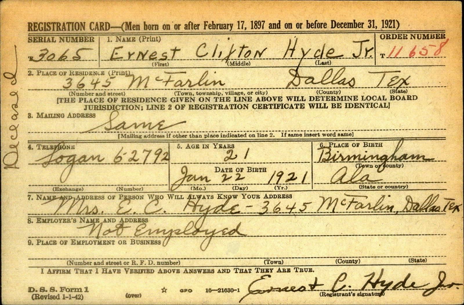 Ernest Clifton Hyde Draft Registration Card