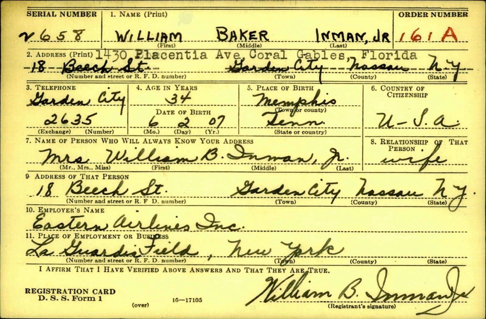 William Baker Inman Draft Registration Card