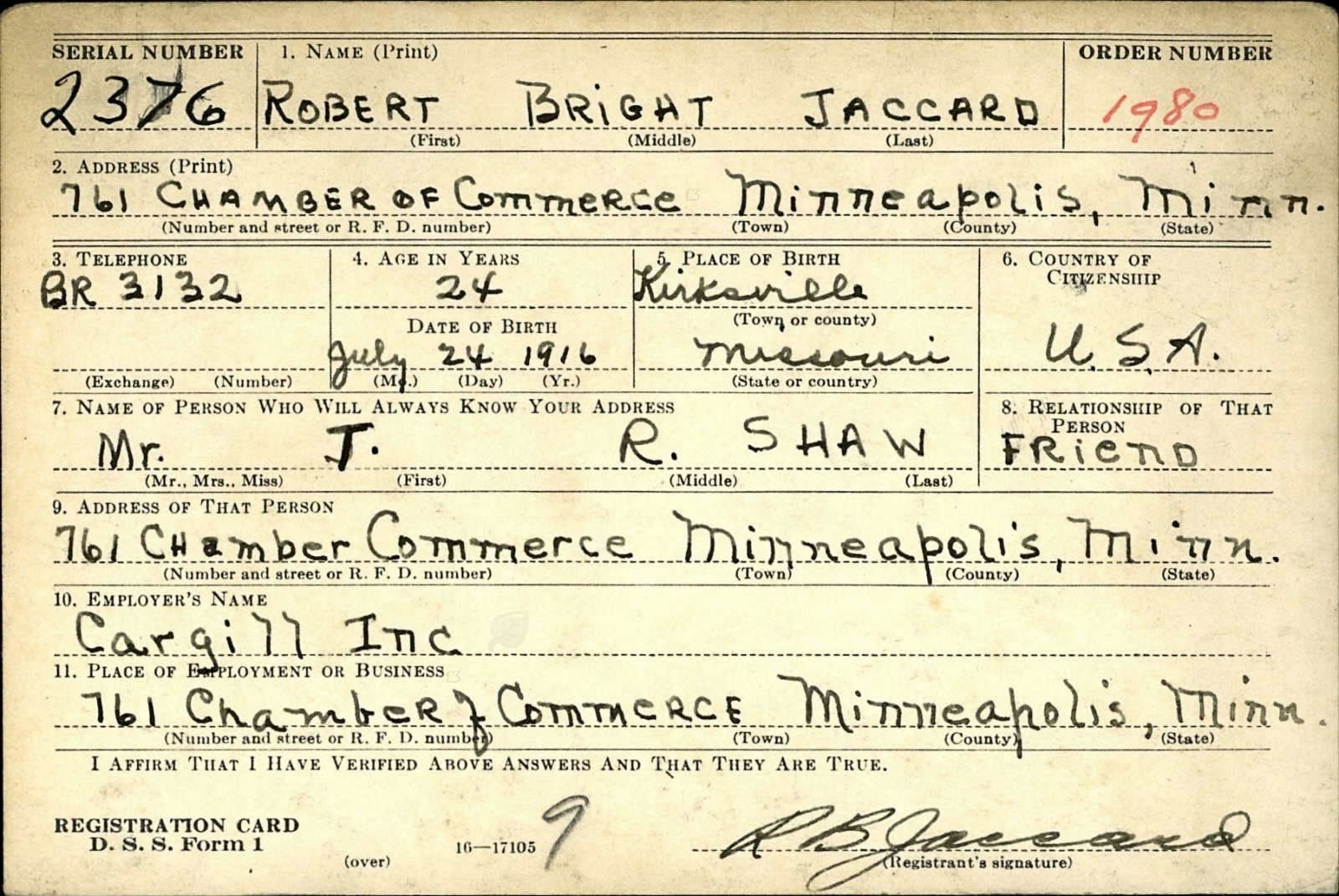 Robert Bright Jaccard Draft Registration Card