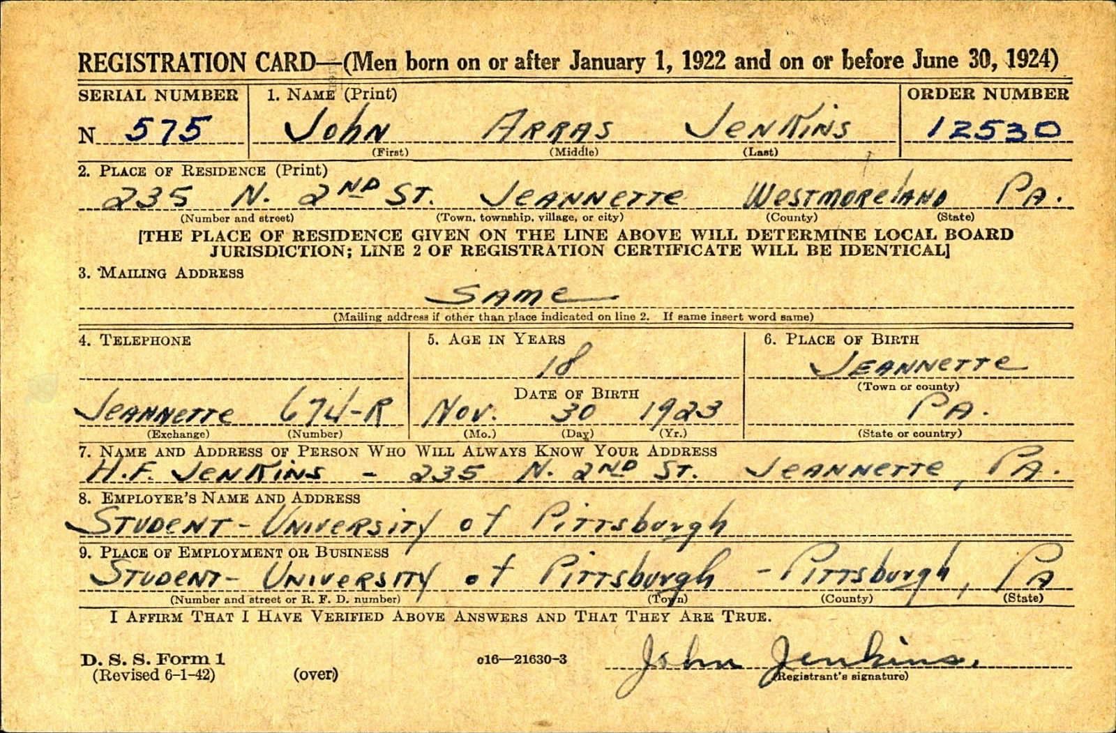 John Arras Jenkins Draft Registration Card