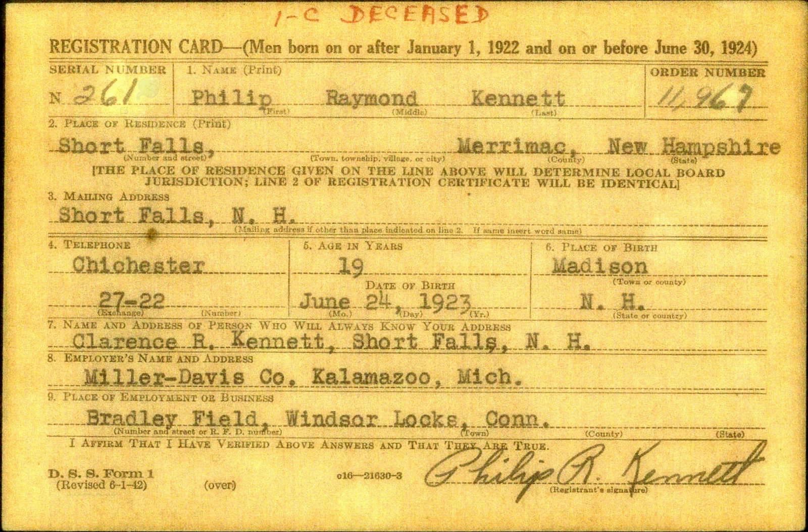 Philip Raymond Kennett Draft Registration Card