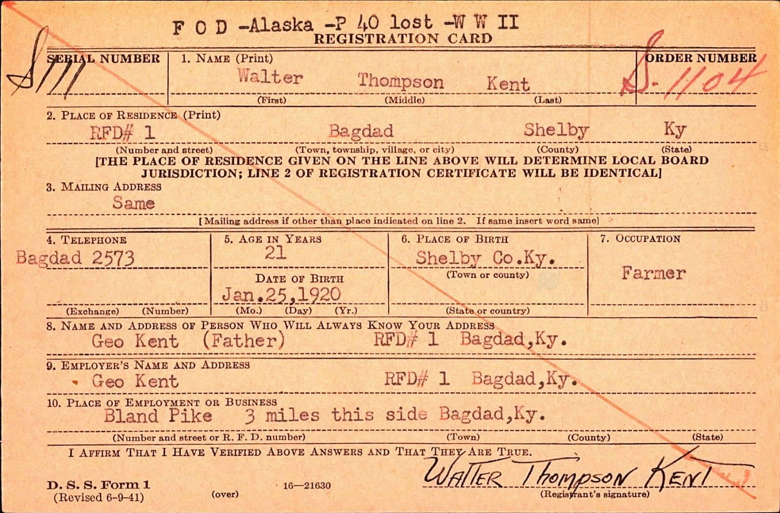 Walter Thompson Kent Draft Registration Card