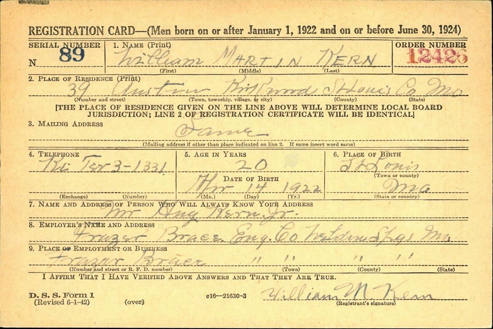 William Martin Kern Draft Registration Card