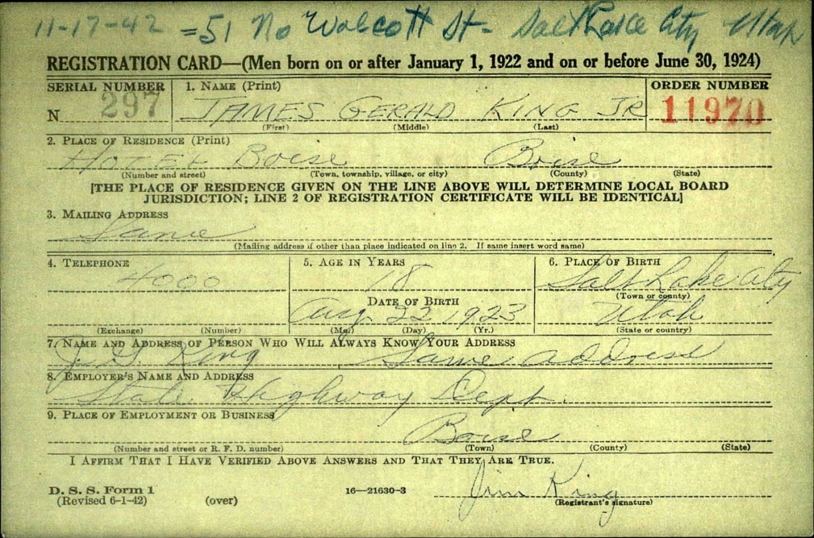 James Gerald King Draft Registration Card