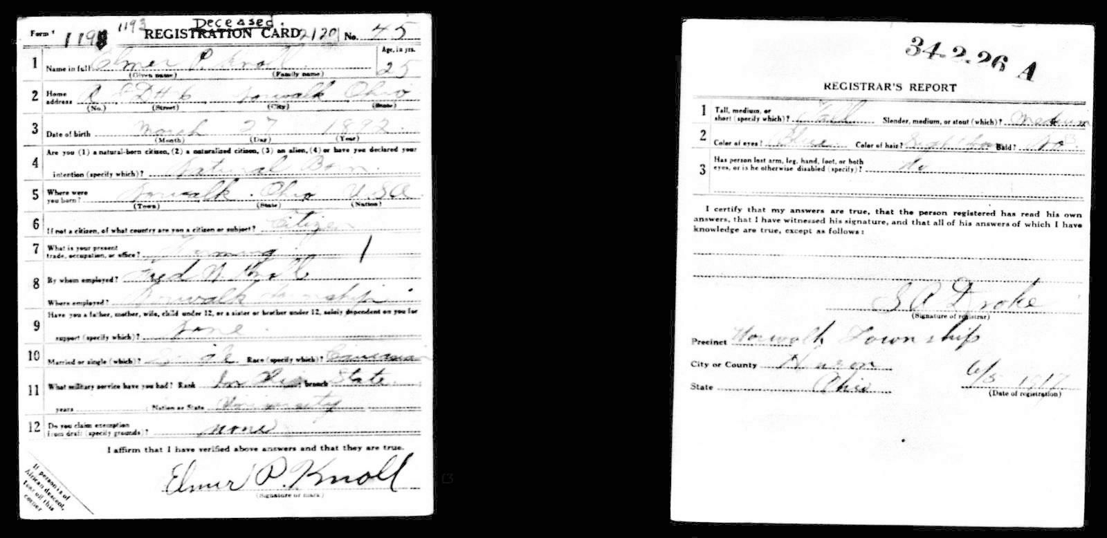 Elmer P Knoll Draft Registration Card