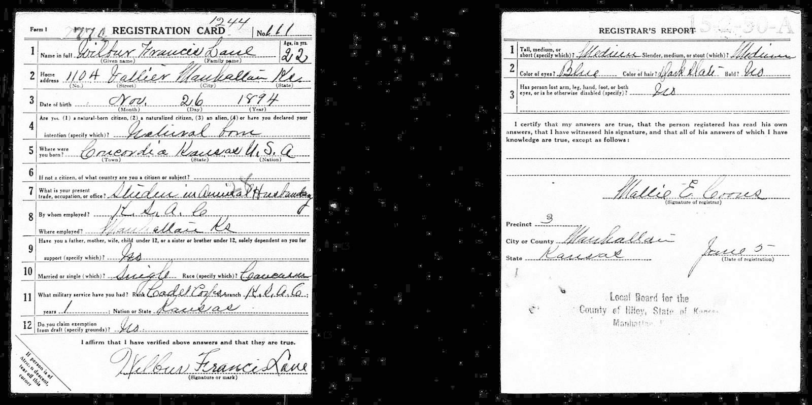 Wilbur Francis Lane Draft Registration Card