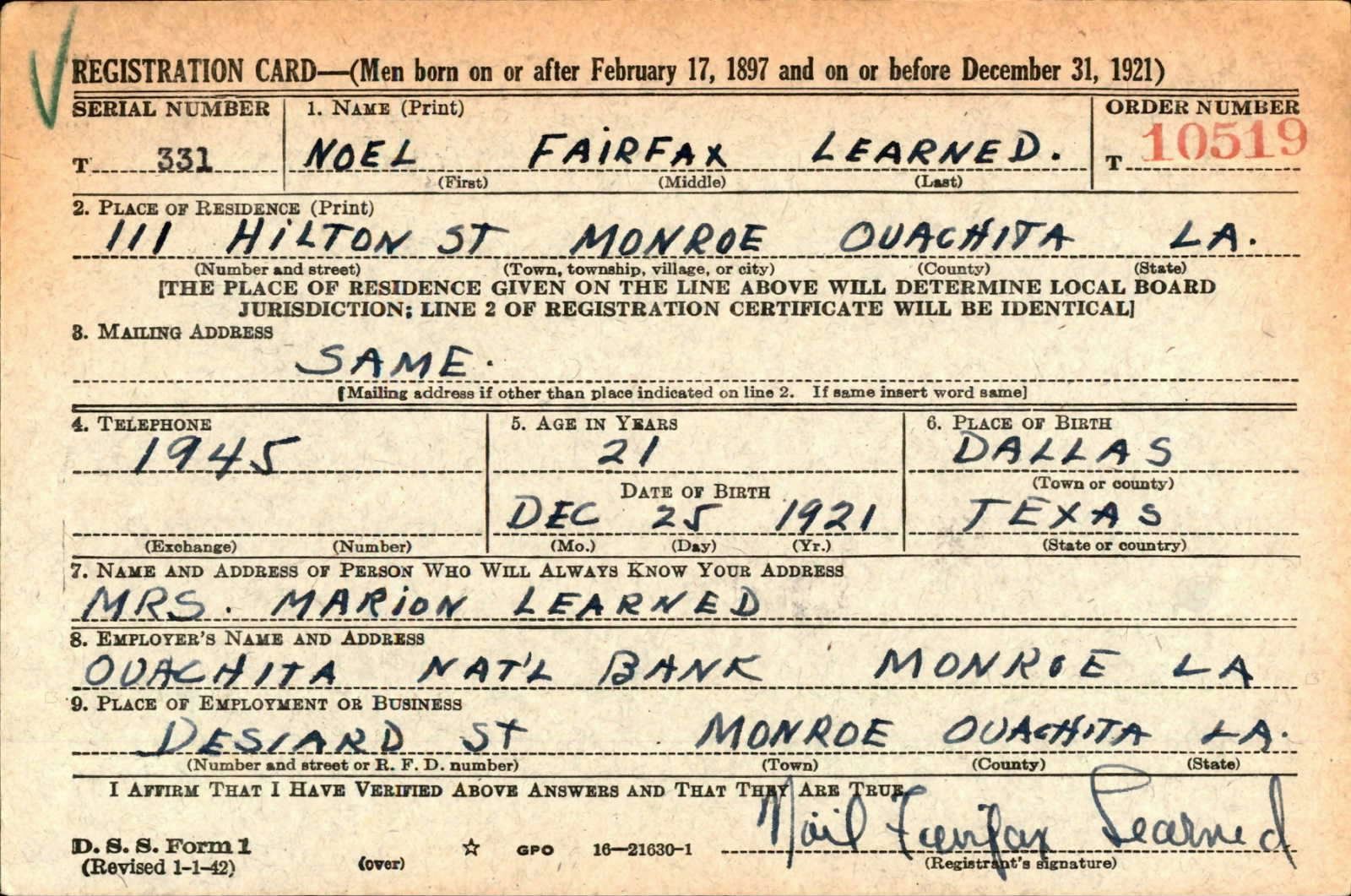 Noel Fairfax Learned Draft Registration Card
