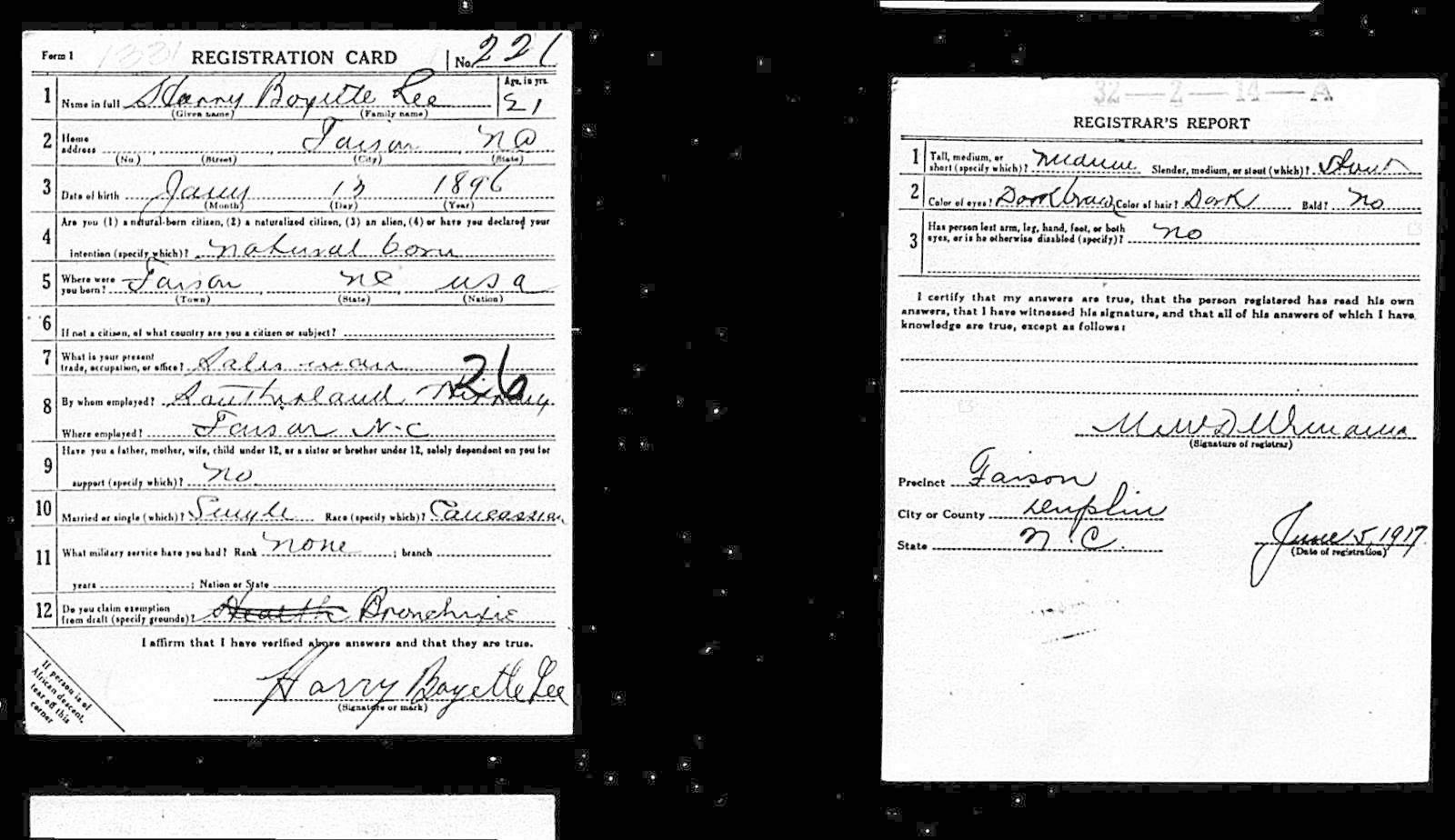 Harry Boyette Lee Draft Registration Card