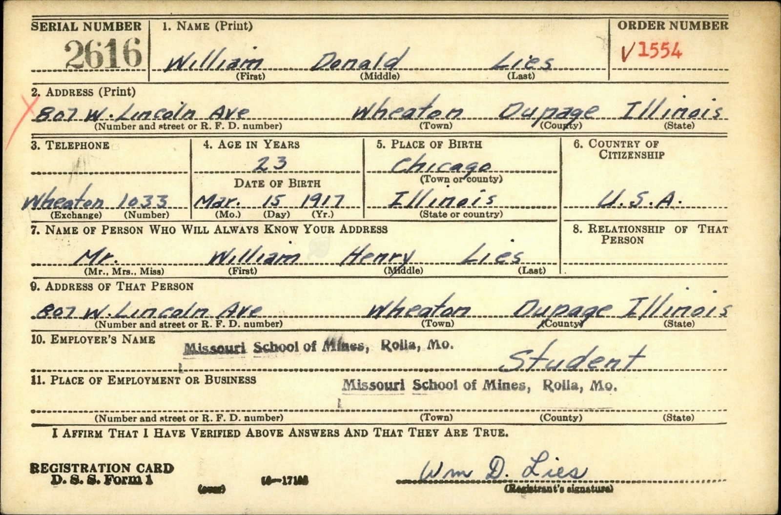 William Donald Lies Draft Registration Card