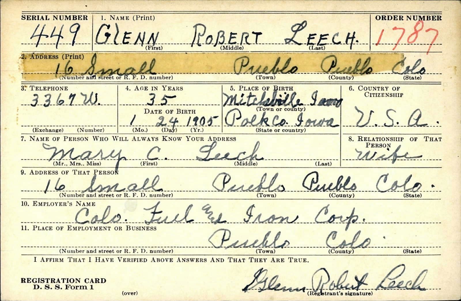 Glenn Robert Leech Draft Registration Card