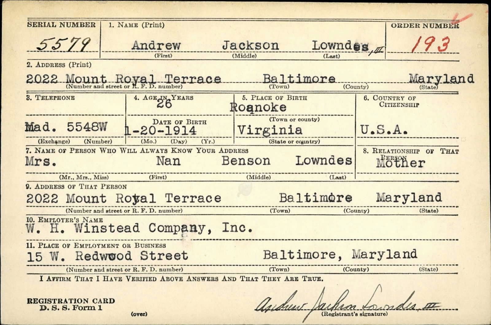 Andrew Jackson Lowndes Draft Registration Card