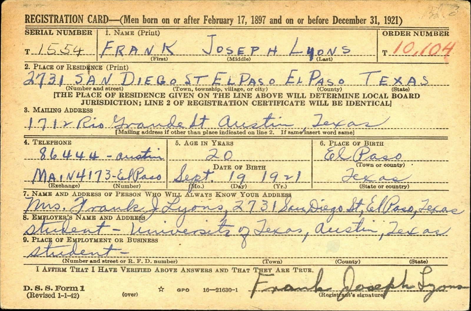 Frank Joseph Lyons Draft Registration Card