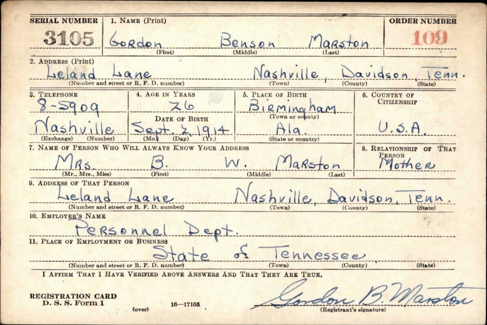 Gordon Benson Marston Draft Registration Card