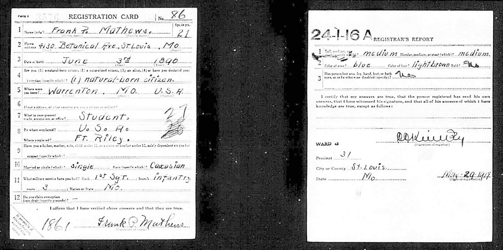 Frank P Mathews Draft Registration Card