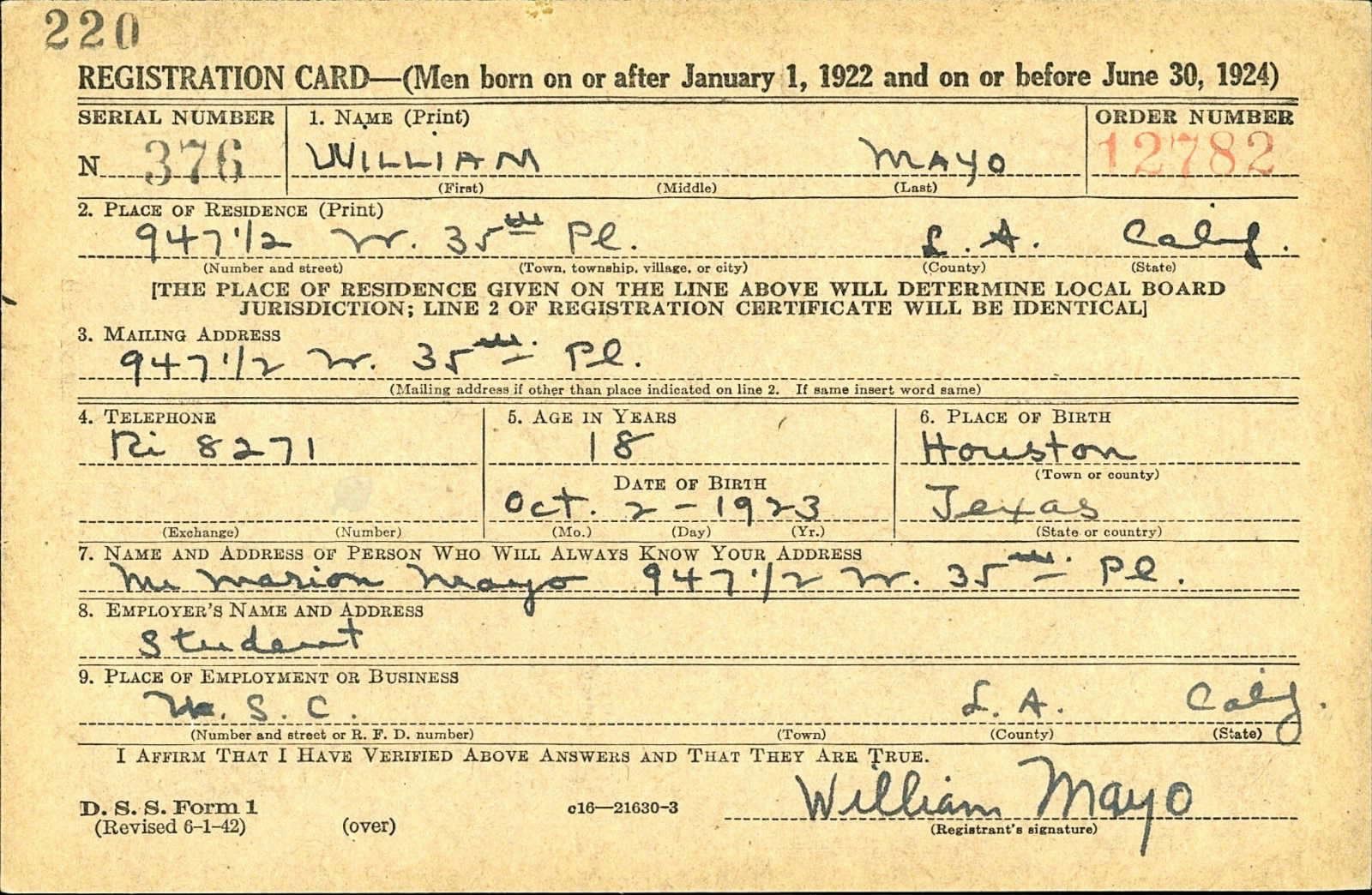 William Mayo Draft Registration Card