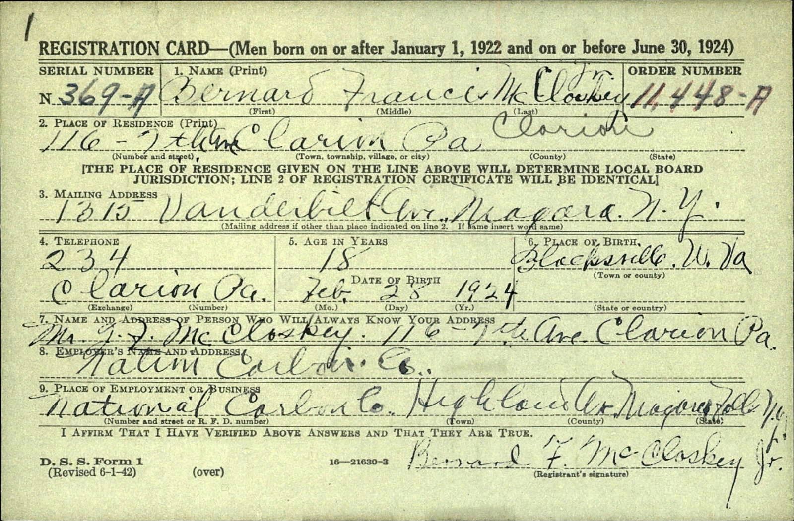 Bernard Francis McCloskey Draft Registration Card
