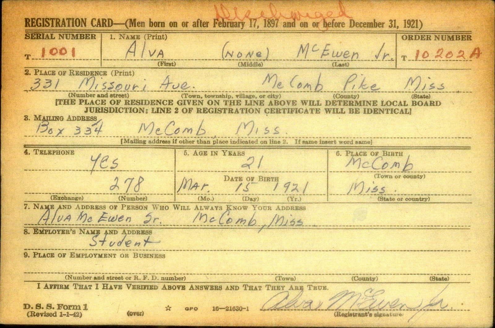 Alva McEwen Draft Registration Card
