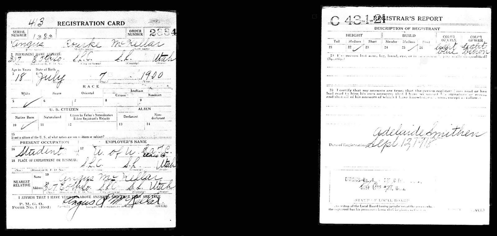 Angus Rourke McKellar Draft Registration Card