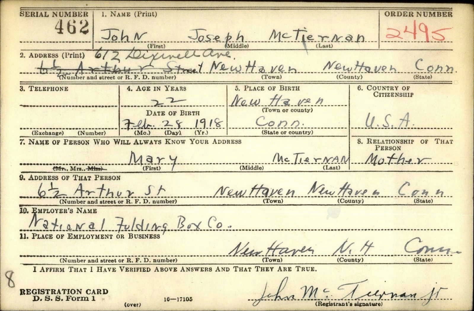 John Joseph McTiernan Draft Registration Card