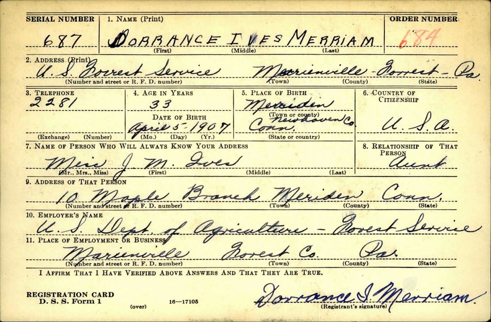 Dorrance Ives Merriam Draft Registration Card