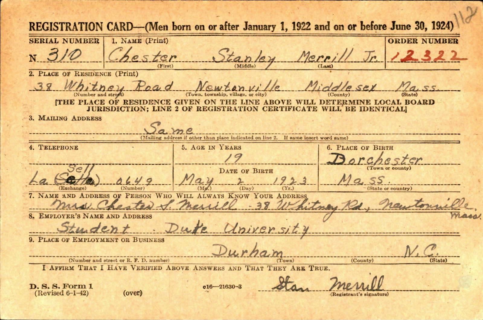 Chester Stanley Merrill Draft Registration Card