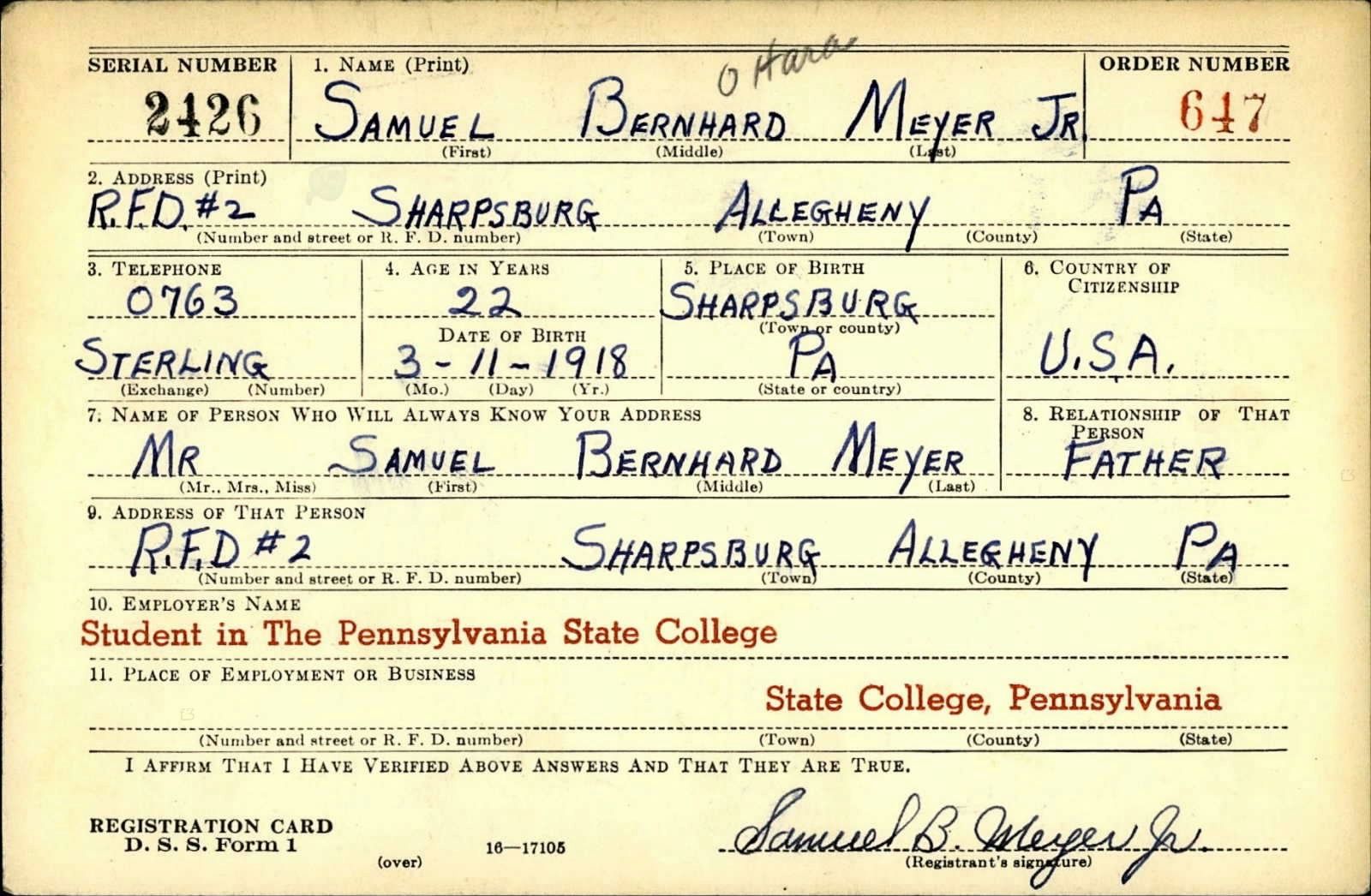 Samuel Bernhard Ohara Meyer Draft Registration Card
