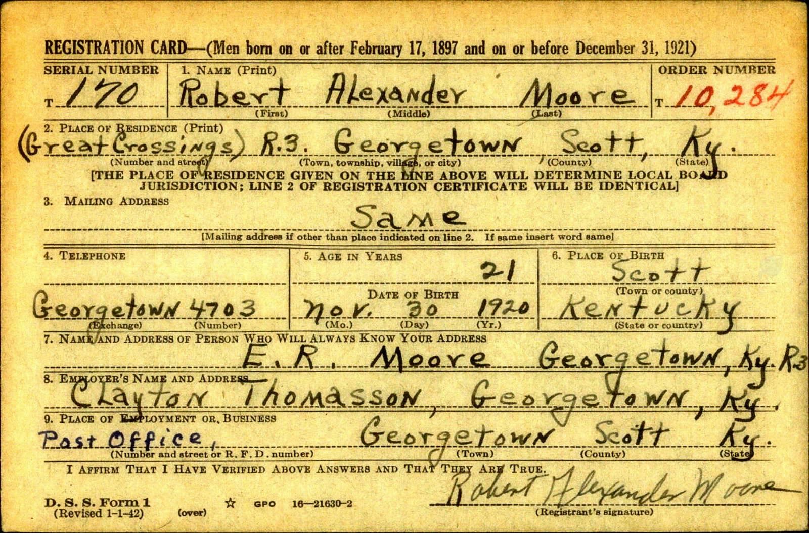 Robert Alexander Moore Draft Registration Card