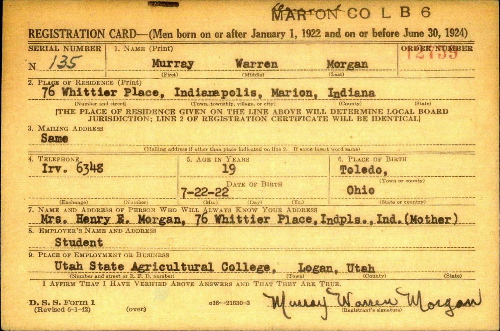 Murray Warren Morgan Draft Registration Card