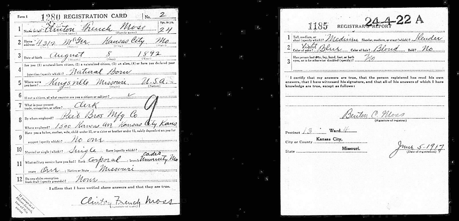 Clinton French Moss Draft Registration Card