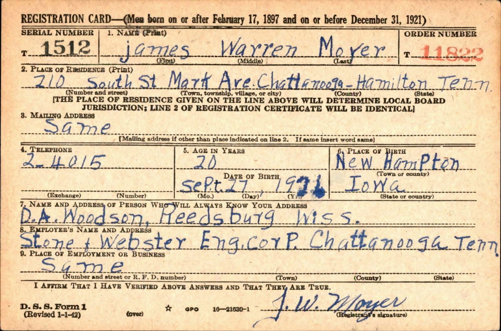 James Warren Moyer Draft Registration Card